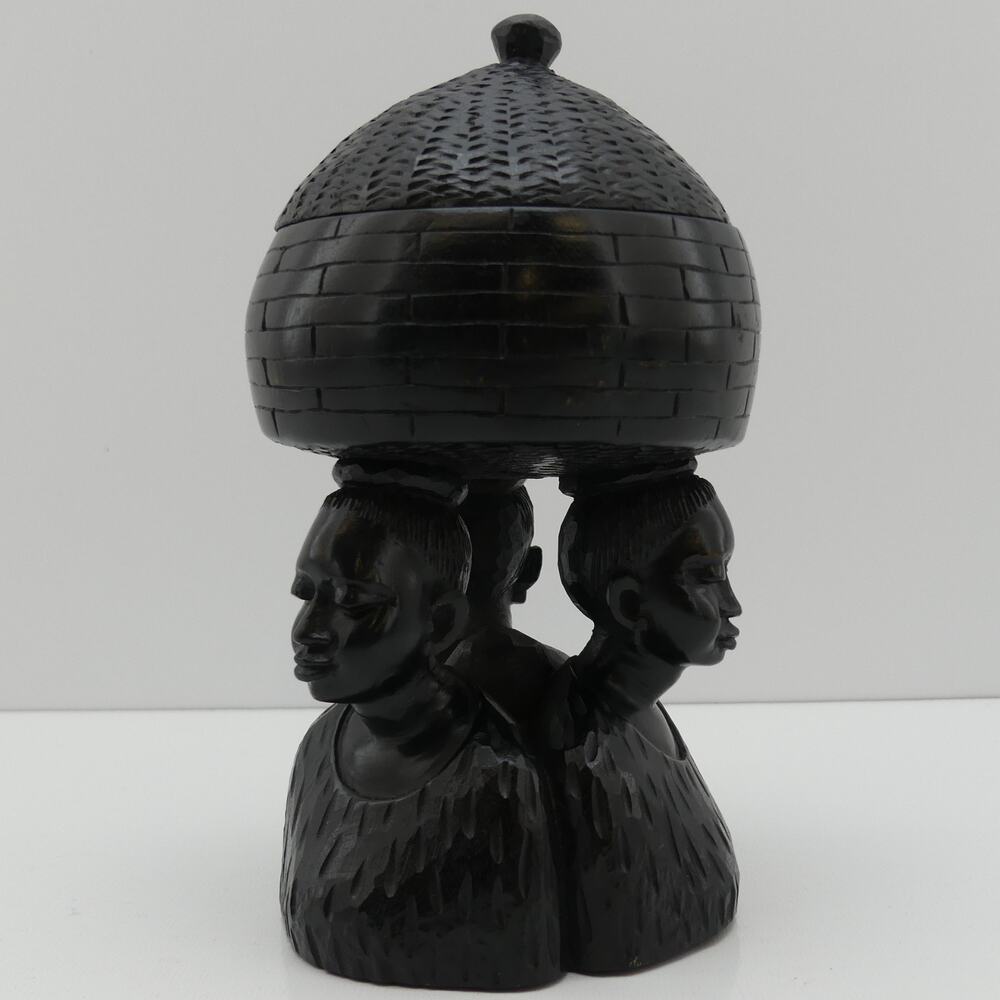 Hand Carved African Unity Bowl With Lid 3 Figure Wood Sculpture Tribal Decor